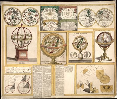 Sammlung von neun Bildern, darunter astronomische Instrumente, Himmelskarten und eine Weltkarte von James Ferguson
