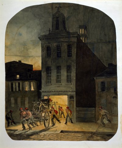 Philadelphia Feuerwehr verlässt die Kaserne, um zu einem Brand zu fahren. Aquarell von James Fuller Queen (1820-1866) 1857 von James Fuller Queen