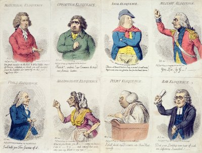 8 Vignetten, die Beredsamkeit darstellen, veröffentlicht von Hannah Humphrey, 1795 von James Gillray