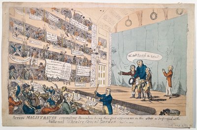 Handelnde Magistrate, die sich selbst verpflichten, bei ihrem ersten Auftritt im National Theatre Covent Garden, veröffentlicht 1809 von James Gillray
