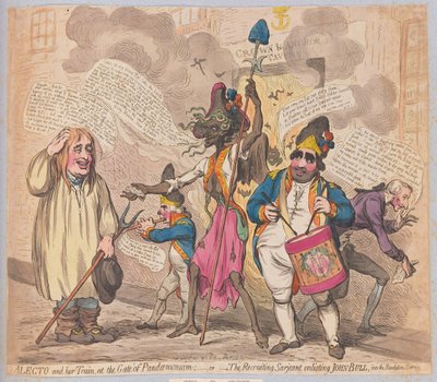 Alecto und ihr Gefolge am Tor von Pandaemonium oder der Rekrutierungssergeant wirbt John Bull für den Revolutionsdienst an, veröffentlicht (handkolorierte Gravur) von James Gillray