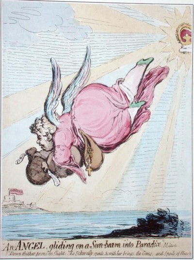 Ein Engel gleitet auf einem Sonnenstrahl ins Paradies von James Gillray