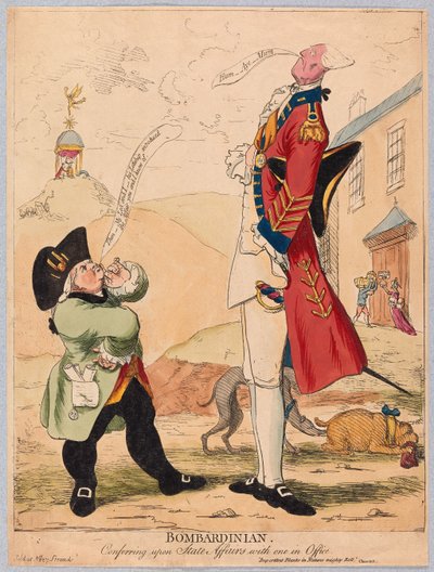 Bombardinian, bespricht Staatsangelegenheiten mit einem im Amt, veröffentlicht 1779 (handkolorierter Stich) von James Gillray