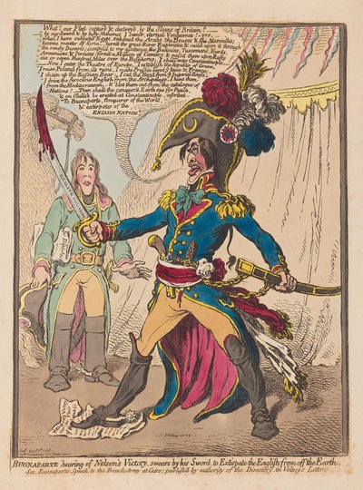 Bonaparte hört von Nelsons Sieg und schwört bei seinem Schwert, die Engländer von der Erde zu vertreiben, veröffentlicht 1798 von James Gillray
