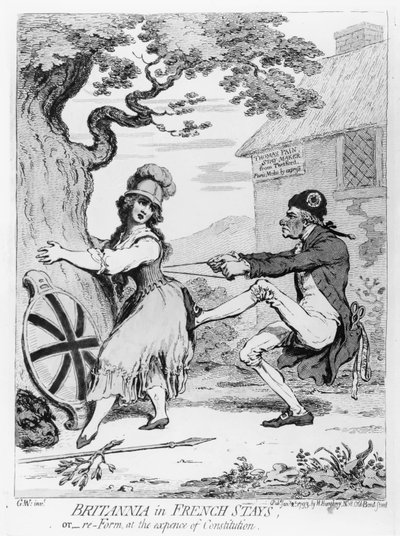 Britannia in französischen Korsetts oder Reform auf Kosten der Verfassung, veröffentlicht von Hannah Humphrey im Jahr 1793 von James Gillray