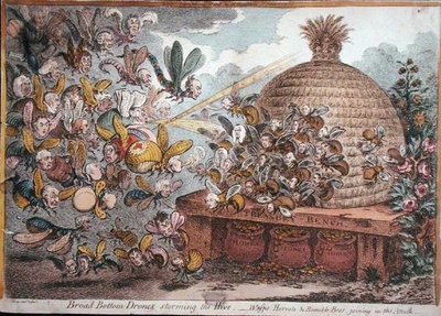 Breitboden-Drohnen stürmen den Bienenstock, Wespen, Hornissen und Hummeln schließen sich dem Angriff an, veröffentlicht von Hannah Humphrey im Jahr 1808 von James Gillray