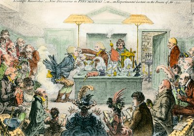 Englische Satire auf die Wissenschaft: neue Entdeckungen in pneumatischen Materialien. Satirische Zeichnung über die Begeisterung für wissenschaftliche Konferenzen im 19. Jahrhundert. Gravur von James Gillray (1757-1815) von James Gillray