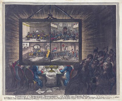 Ausstellung einer demokratischen Transparenz und ihre Wirkung auf patriotische Gefühle, veröffentlicht 1799 von James Gillray
