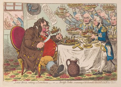 John Bull beim Mittagessen oder britische Köche stopfen Old Grumble Gizzard mit Bonne Chere voll, veröffentlicht 1798 von James Gillray