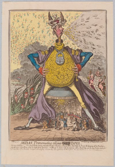 Midas, alles in [Gold] Papier verwandelnd, veröffentlicht 1797 von James Gillray