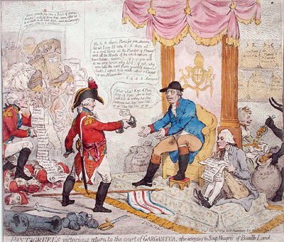 Pantagruels siegreiche Rückkehr an den Hof von Gargantua nach der Ausrottung der Soup-Meagres von Bouaille Land, veröffentlicht von Hannah Humphrey im Jahr 1794 (handkolorierte Radierung) von James Gillray