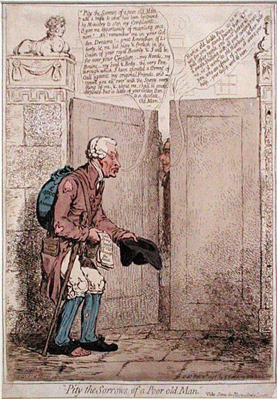 Erbarmt euch der Sorgen eines armen alten Mannes, veröffentlicht von Hannah Humphrey im Jahr 1796 von James Gillray