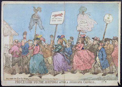 Prozession zu den Wahlurnen nach einer erfolgreichen Wahlkampagne, veröffentlicht von G. Humphrey im Jahr 1784 von James Gillray