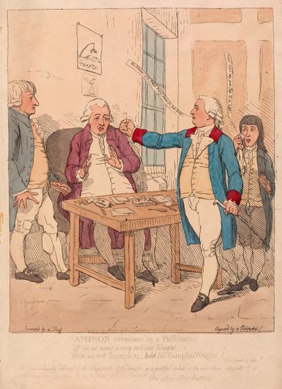 Simson von einem Philister überwältigt, veröffentlicht 1782 (handkolorierter Stich) von James Gillray