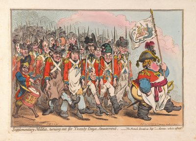 Ergänzungsmiliz, die für zwanzig Tage Vergnügen ausrückt, veröffentlicht 1796 von James Gillray