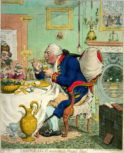 Mäßigkeit genießt eine bescheidene Mahlzeit, veröffentlicht von Hannah Humphrey, 1792 von James Gillray