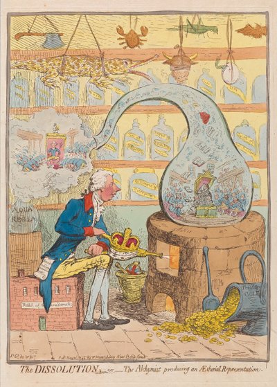 Die Auflösung oder der Alchemist erzeugt eine ätherische Darstellung, veröffentlicht 1796 von James Gillray