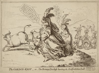 Der Gordon-Knoten oder Die Bonny-Duchess jagt den Bedfordshire-Bullen, veröffentlicht am 29. April 1797 von James Gillray
