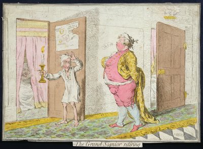 Der Groß-Signor zieht sich zurück, veröffentlicht von Hannah Humphrey im Jahr 1796 (handkolorierte Radierung) von James Gillray
