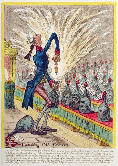 Entkorken von altem Sherry, veröffentlicht von Hannah Humphrey, 1805 von James Gillray