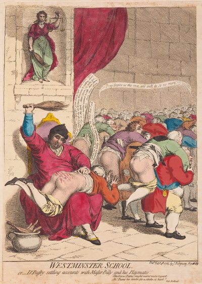 Westminster School oder Dr. Busby begleicht Rechnungen mit Meister Billy und seinen Spielkameraden, veröffentlicht 1785 (handkolorierter Stich) von James Gillray