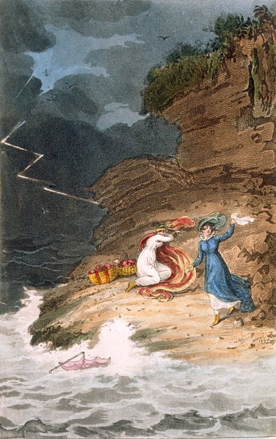 Zwei Regency-Schönheiten, die durch einen Sturm an einem Ufer gestrandet sind, ca. 1795-1805 von James Green