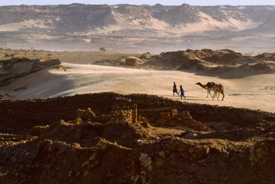 Kamel mit Salzkarawanenmitgliedern überquert ein Wüstenplateau in BILMA, NIGER. BILMA, NIGER von James L Stanfield