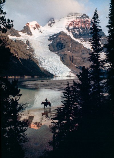 Einsames Pferd, Reiter reflektieren auf See am Fuße des höchsten Gipfels Kanadas. Mount Robson... von James L Stanfield