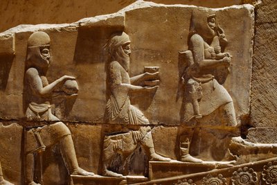 Reliefskulptur von Männern, die Opfergaben tragen, an den Wänden von Persepolis. Persepolis, Iran. von James L Stanfield