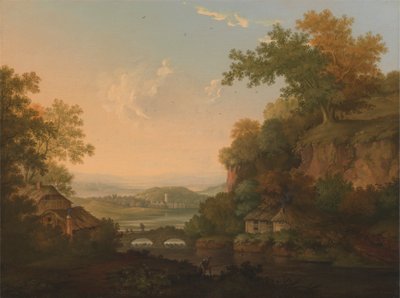 Flussszene mit Strohhütten an einer Brücke über einem Wehr von James Lambert  of Lewes