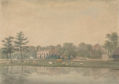 Nordostansicht eines Hauses in Ringmer mit Vieh und Schafen an einem Teich von James Lambert  of Lewes