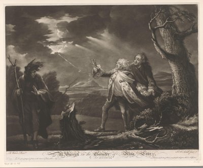 David Garrick als König Lear mit dem Grafen von Kent und Edgar verkleidet als Tom in einer stürmischen Landschaft von James McArdell