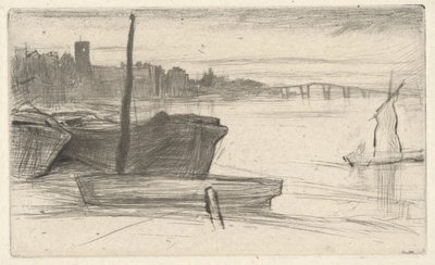 Chelsea Bridge und Kirche, aus dem Thames Set (Eine Serie von sechzehn Radierungen von Szenen an der Themse und anderen Motiven) von James McNeill Whistler