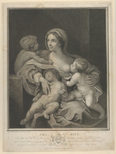 Wohltätigkeit, die ein Kind stillt, ein weiteres schläft auf ihrem Schoß und ein drittes spricht mit ihr, 1793 von James Parker