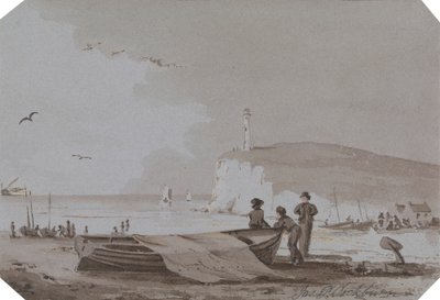 Küstenlandschaft mit Figuren, Booten, Leuchtturm usw. von James Pattison Cockburn