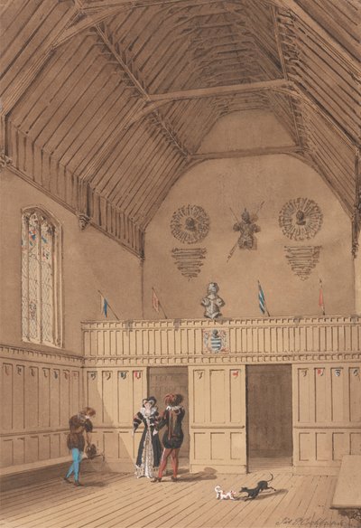 Balkensaal mit Figuren in Kleidung des 16. Jahrhunderts von James Pattison Cockburn