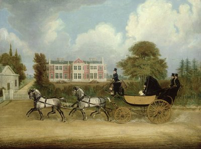 Eine Kutsche, gezogen von vier Grauen, passiert ein jakobinisches Herrenhaus von James Pollard