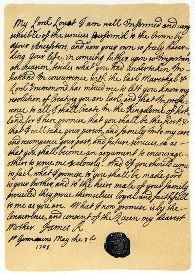 Brief von James Edward Stuart an Simon Fraser, Lord Lovat, St. Germains, 3. Mai 1703 von James Stuart