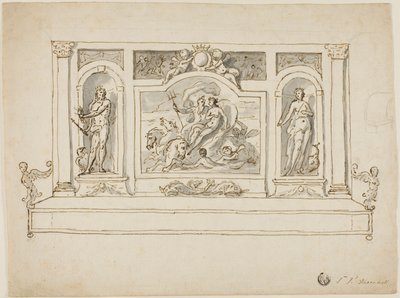 Neptun und Amphitrite flankiert von Jupiter und Juno: Entwurf für bemalte Halle oder Gartenbank von James Thornhill