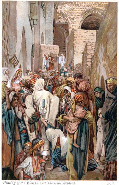 Frau, die den Saum von Jesu Gewand berührt und geheilt wird von James Tissot