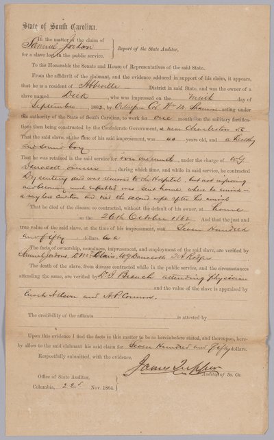 Anspruch des konföderierten Staates South Carolina für den versklavten Mann Dick, 23. November 1864 von James Tupper