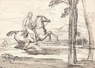 Ein Reiter in einer Landschaft: Wahrscheinlich eine Studie für "Theophilus Levett Fuchsjagd im Wychnor Park" von James Ward