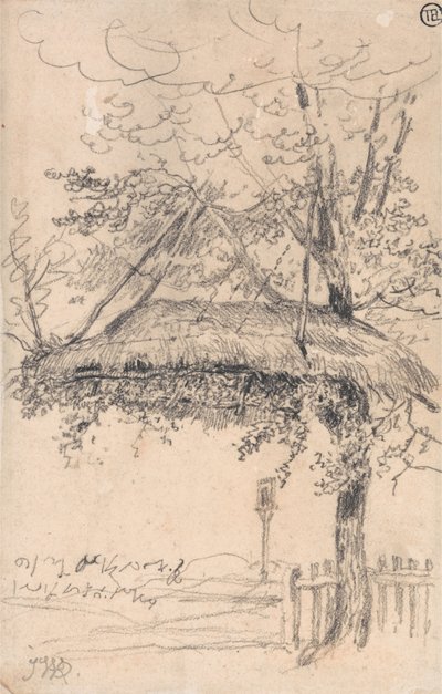Ein strohgedeckter Unterstand, der an einem Baum hängt von James Ward