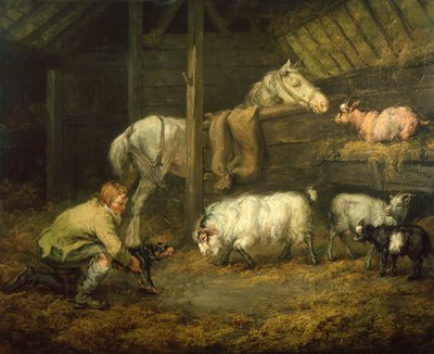 Junger Junge und sein Hund in einem Stall mit einem Pferd und Schafen von James Ward