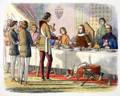 Prinz Edward bedient John von Artois am Tisch, nachdem er ihn in Poitiers besiegt hat, 1356, 1864 von James William Edmund Doyle