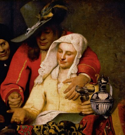 Ein Mann hält einer Frau, die ihre Brust berührt, eine Münze hin, Detail aus Die Kupplerin von Johannes Vermeer