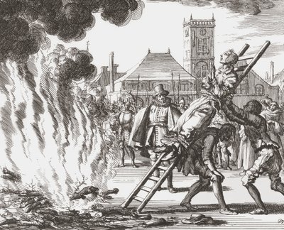 Eine Hexe, die im 16. Jahrhundert in Holland lebendig verbrannt werden soll von Jan (after) Luyken
