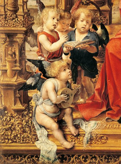 Engel, die Musikinstrumente spielen, Detail aus dem zentralen Panel des Malvern-Triptychons von Jan (c.1472 c.1533) Gossaert