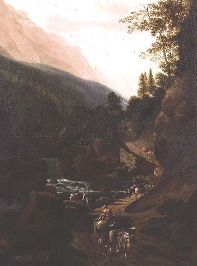 Maultiertreiber auf einem Bergpfad an einem Wildbach von Jan (circle of) Hackaert