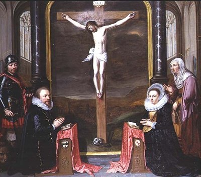 Eine Kreuzigung mit Porträts der Stifter Adriaen Meusyenbroeck und seiner Frau Anna Elant, begleitet von St. Adrian und St. Elisabeth von Jan Anthonisz. van Ravesteyn